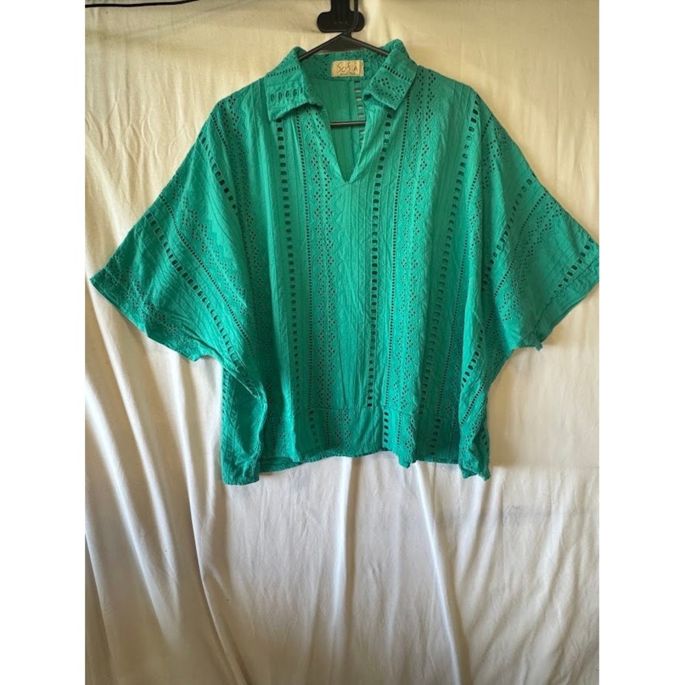 Sofia Italian Teal Eyelet Lace Top V-Neck Oversized Boho Blouse Womens